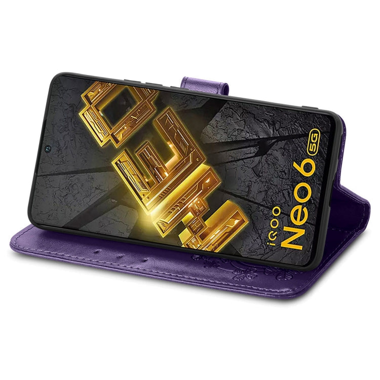 For vivo iQOO Neo6 Four-leaf Clasp Embossed Buckle Leather Phone Case