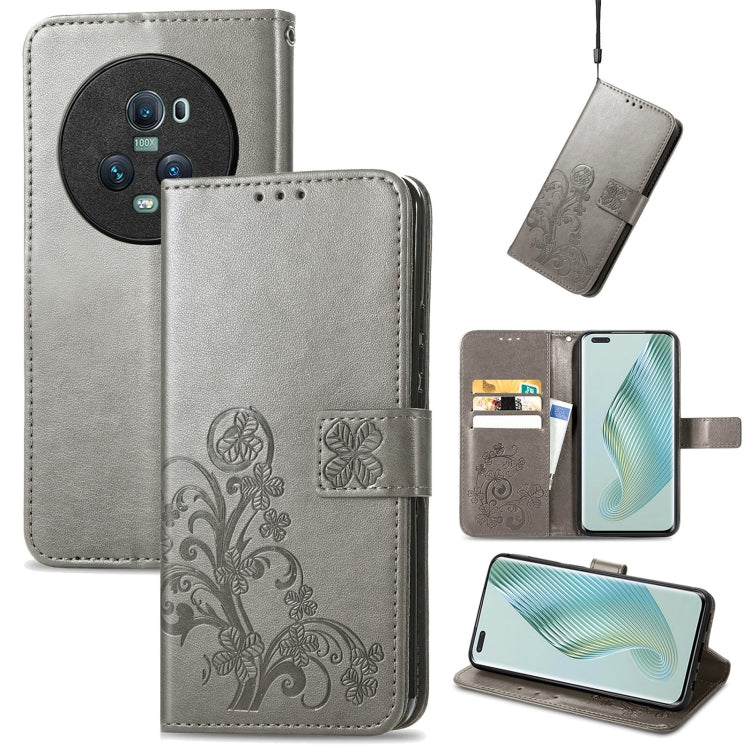 For Honor Magic5 Pro Four-leaf Clasp Embossed Buckle Leather Phone Case