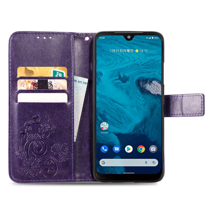 For Kyocera Android One S10 Four-leaf Clasp Embossed Buckle Leather Phone Case