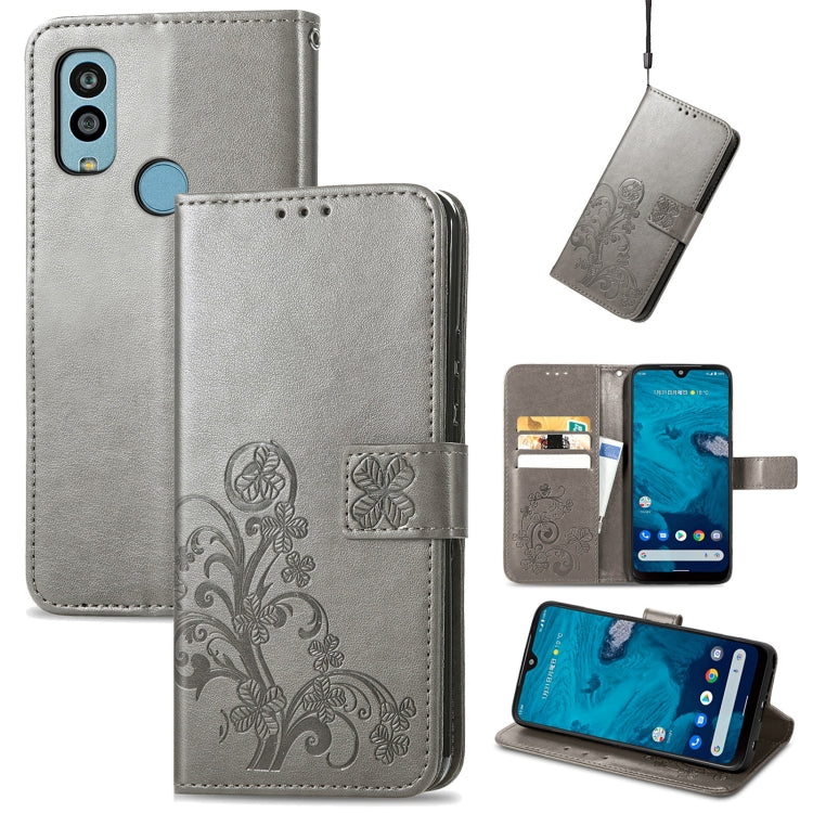 For Kyocera Android One S10 Four-leaf Clasp Embossed Buckle Leather Phone Case