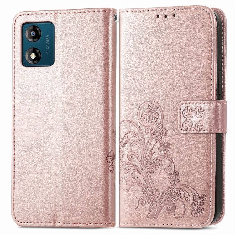 For Motorola Moto E13 Four-leaf Clasp Embossed Buckle Leather Phone Case