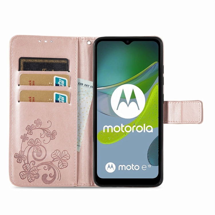 For Motorola Moto E13 Four-leaf Clasp Embossed Buckle Leather Phone Case