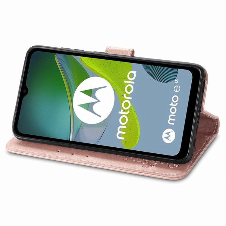 For Motorola Moto E13 Four-leaf Clasp Embossed Buckle Leather Phone Case