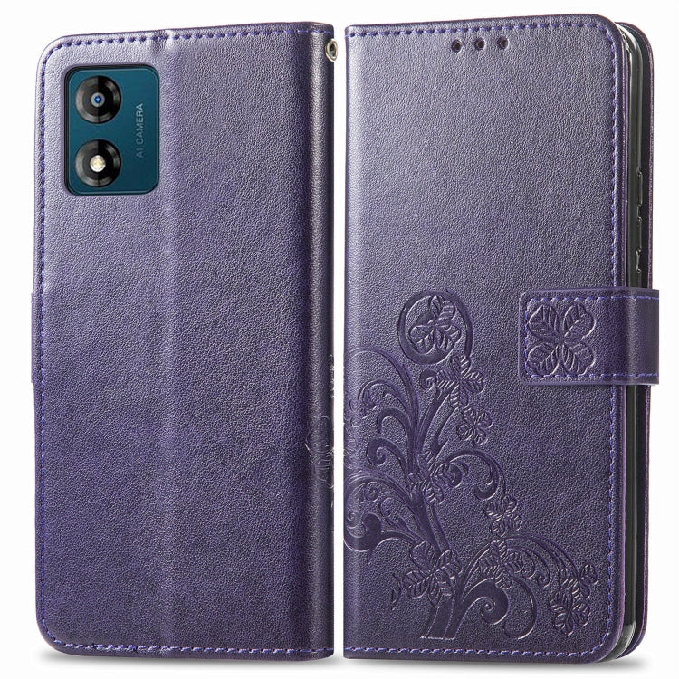 For Motorola Moto E13 Four-leaf Clasp Embossed Buckle Leather Phone Case
