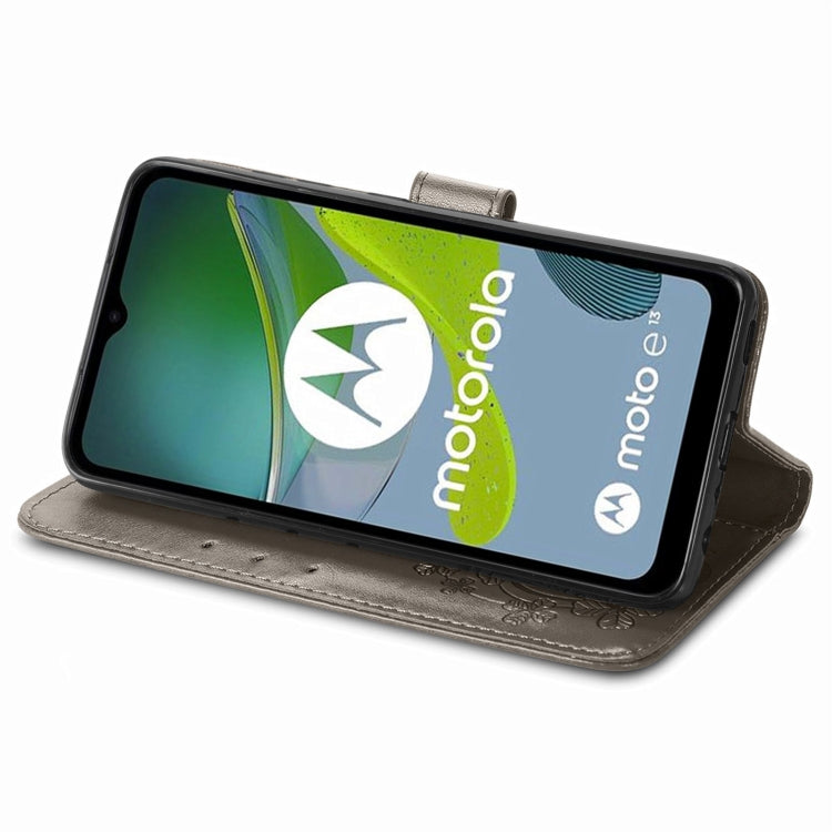 For Motorola Moto E13 Four-leaf Clasp Embossed Buckle Leather Phone Case