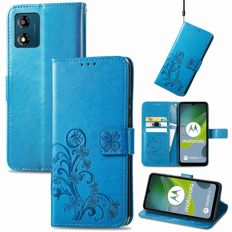 For Motorola Moto E13 Four-leaf Clasp Embossed Buckle Leather Phone Case