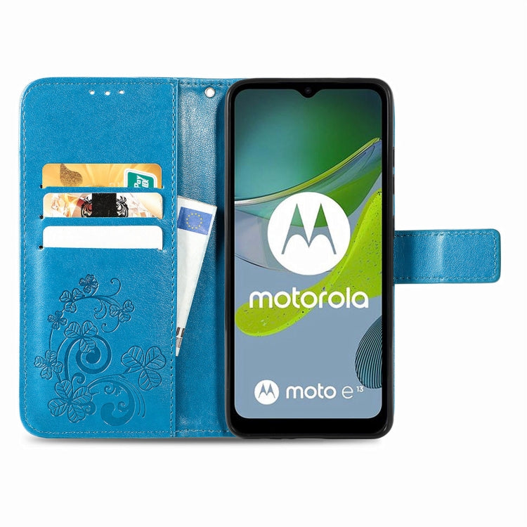 For Motorola Moto E13 Four-leaf Clasp Embossed Buckle Leather Phone Case