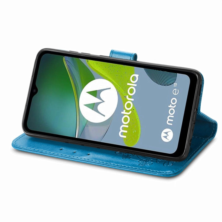 For Motorola Moto E13 Four-leaf Clasp Embossed Buckle Leather Phone Case