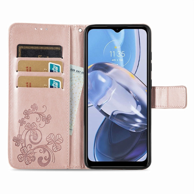 For Motorola Moto E22 4G Four-leaf Clasp Embossed Buckle Leather Phone Case