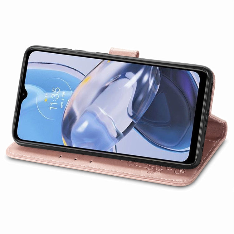 For Motorola Moto E22 4G Four-leaf Clasp Embossed Buckle Leather Phone Case