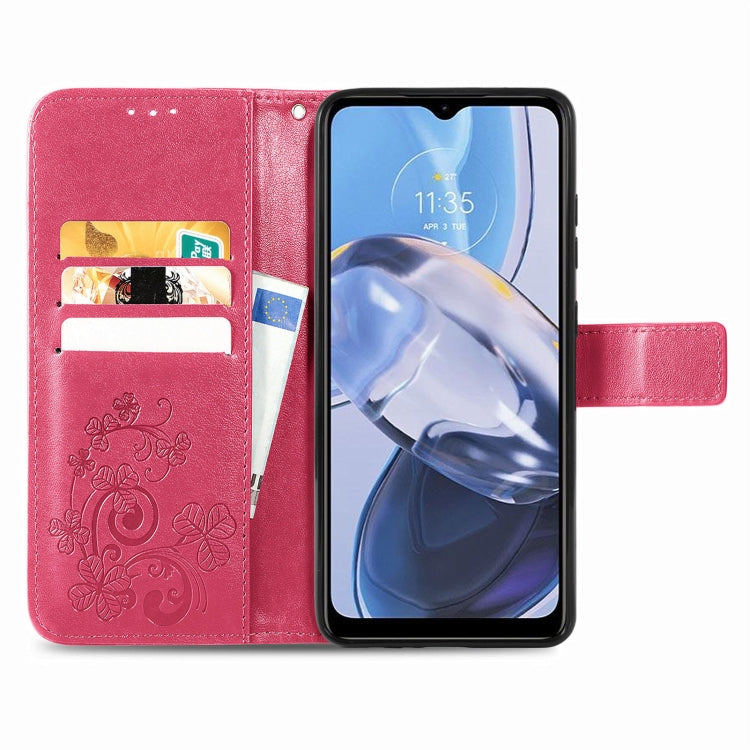 For Motorola Moto E22 4G Four-leaf Clasp Embossed Buckle Leather Phone Case
