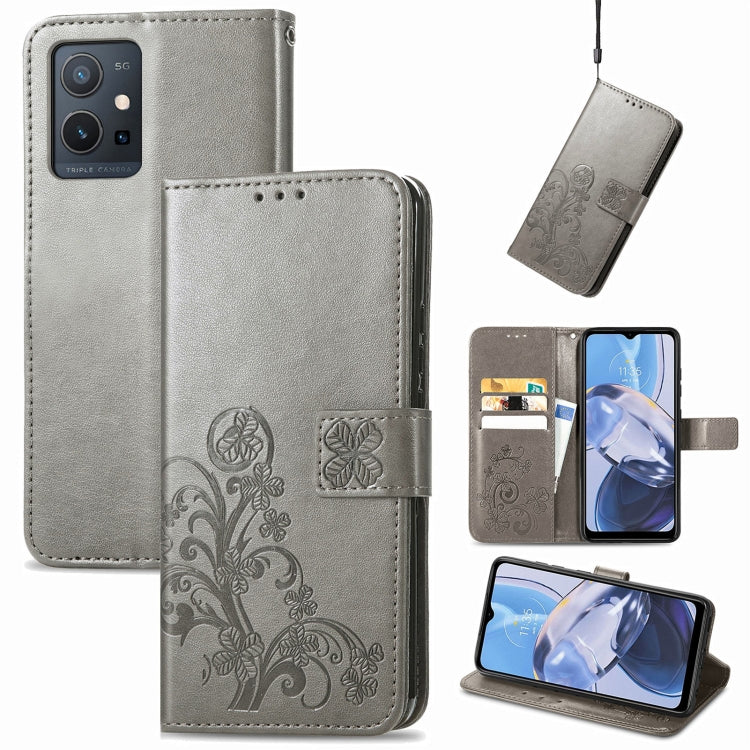For Motorola Moto E22 4G Four-leaf Clasp Embossed Buckle Leather Phone Case