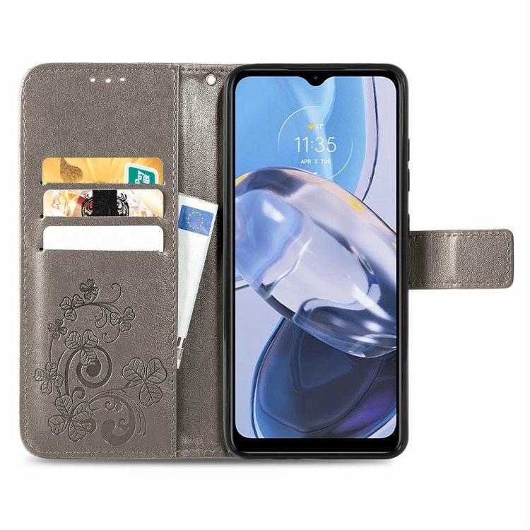 For Motorola Moto E22 4G Four-leaf Clasp Embossed Buckle Leather Phone Case