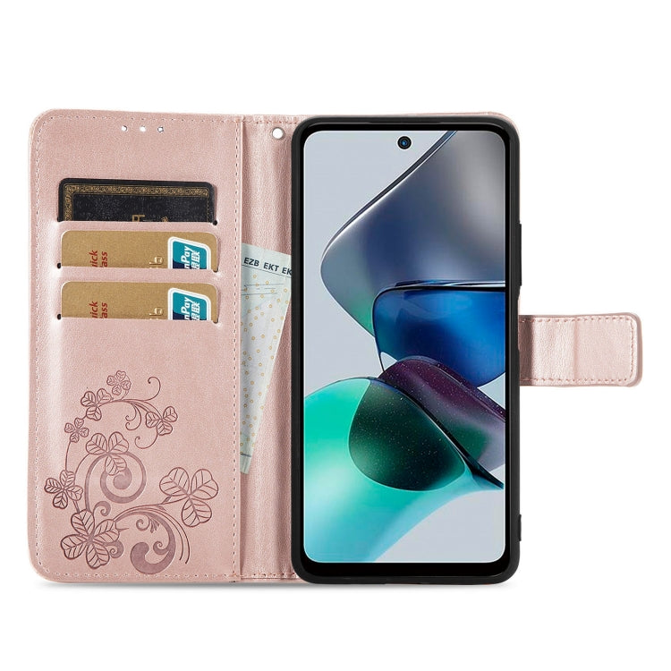 For Motorola Moto G23 Four-leaf Clasp Embossed Buckle Leather Phone Case