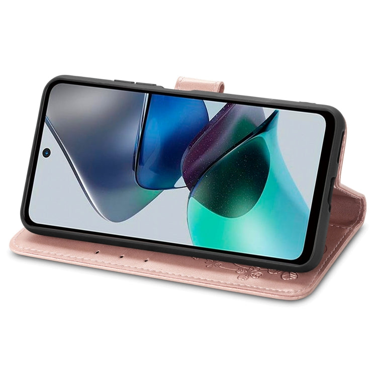 For Motorola Moto G23 Four-leaf Clasp Embossed Buckle Leather Phone Case