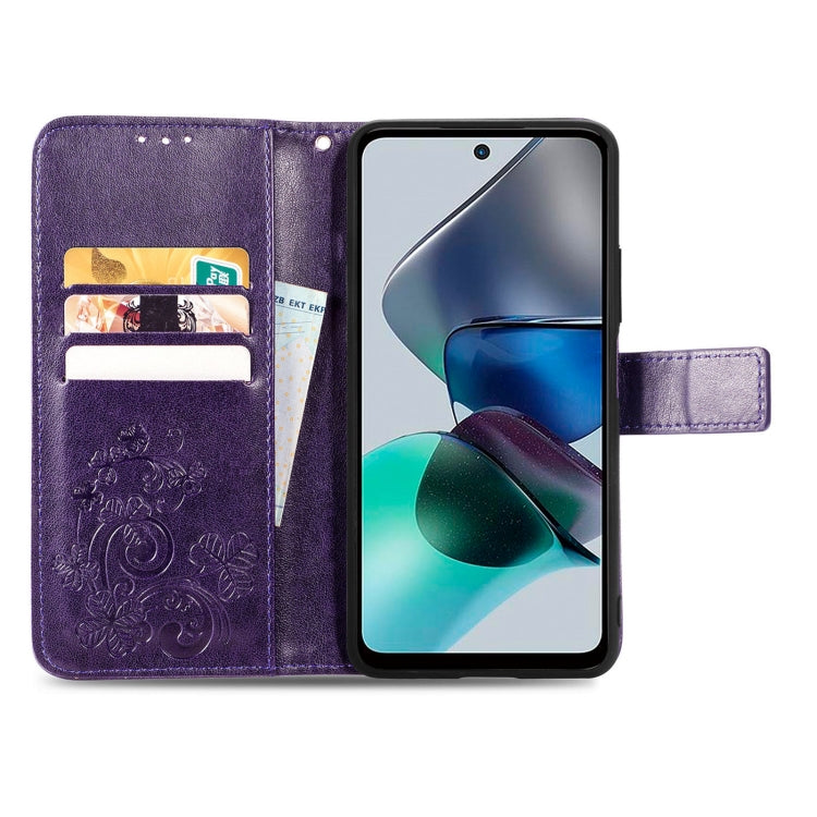 For Motorola Moto G23 Four-leaf Clasp Embossed Buckle Leather Phone Case