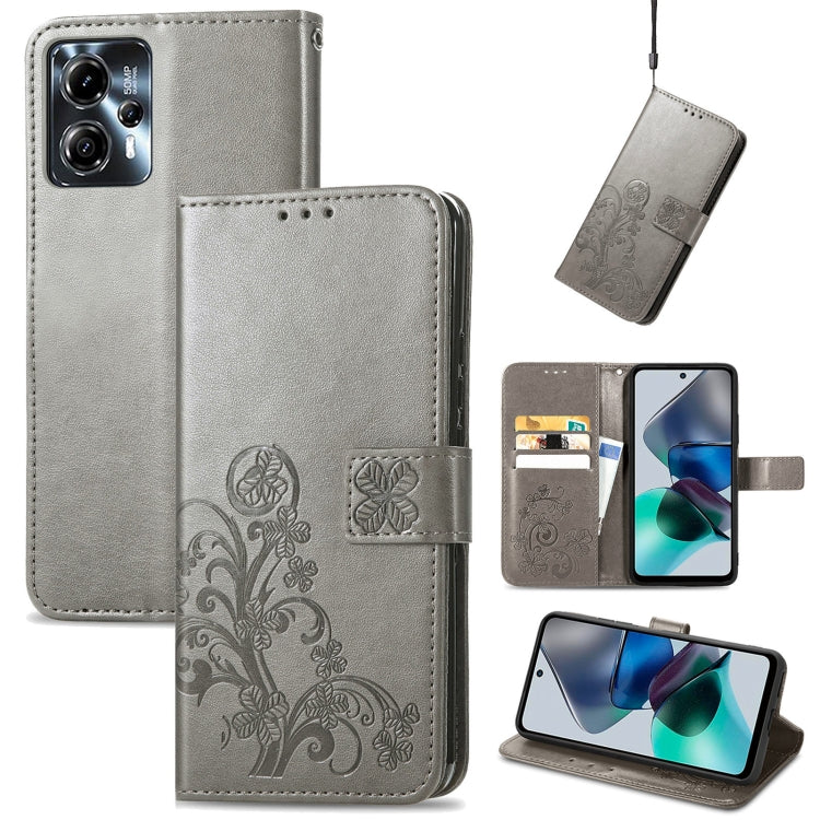 For Motorola Moto G23 Four-leaf Clasp Embossed Buckle Leather Phone Case