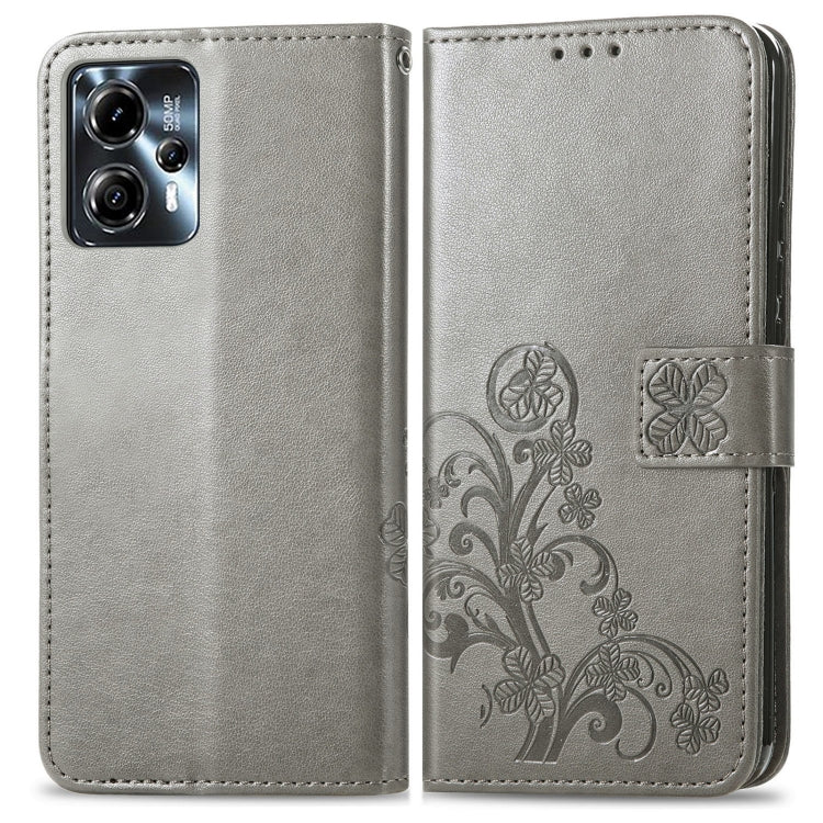 For Motorola Moto G23 Four-leaf Clasp Embossed Buckle Leather Phone Case