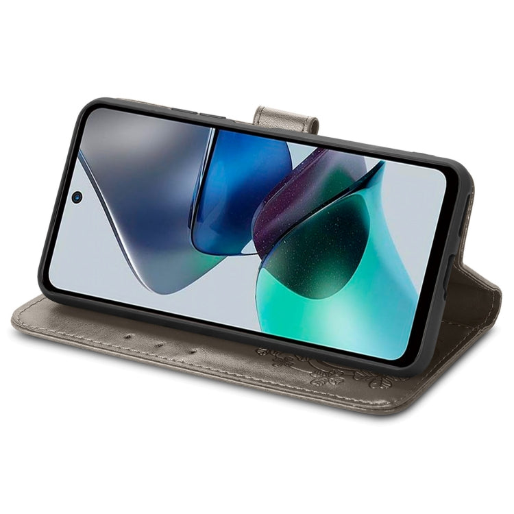 For Motorola Moto G23 Four-leaf Clasp Embossed Buckle Leather Phone Case