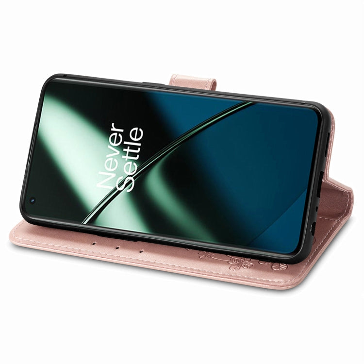 For OnePlus 11 Four-leaf Clasp Embossed Buckle Leather Phone Case