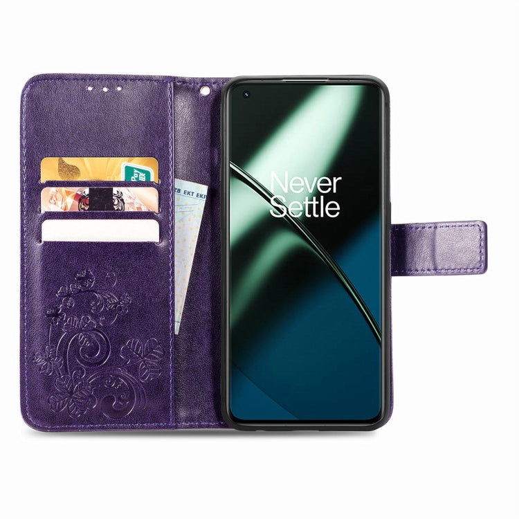 For OnePlus 11 Four-leaf Clasp Embossed Buckle Leather Phone Case