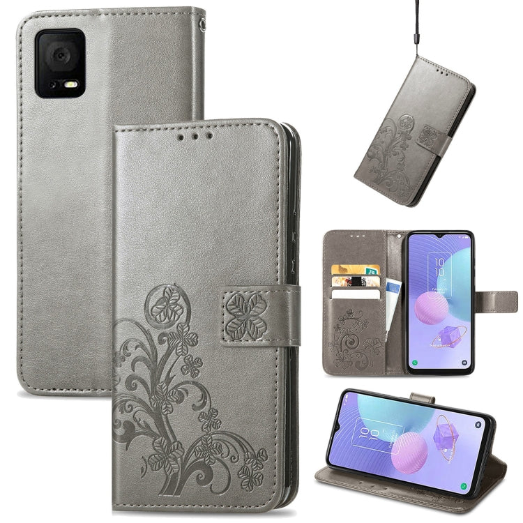 For TCL 405 Four-leaf Clasp Embossed Buckle Leather Phone Case