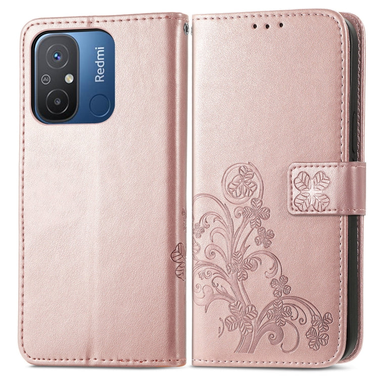 For Xiaomi Redmi 12C Four-leaf Clasp Embossed Buckle Leather Phone Case