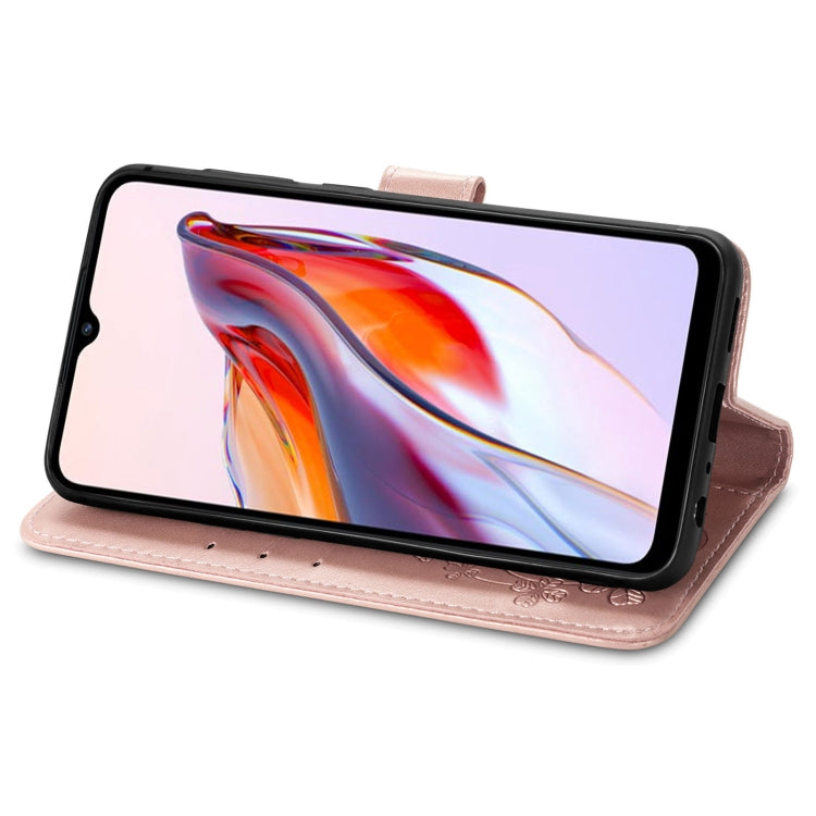 For Xiaomi Redmi 12C Four-leaf Clasp Embossed Buckle Leather Phone Case