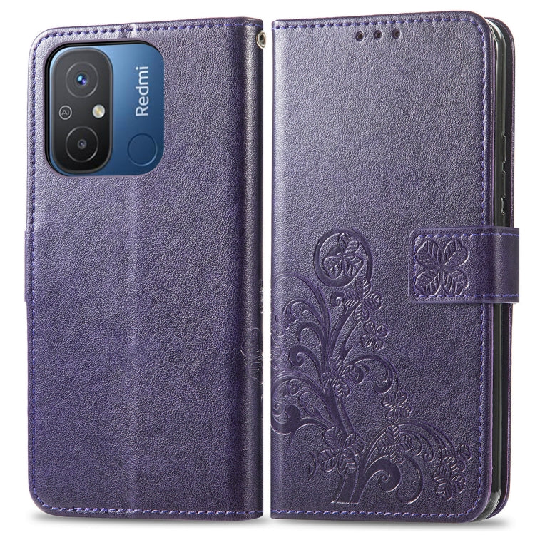 For Xiaomi Redmi 12C Four-leaf Clasp Embossed Buckle Leather Phone Case