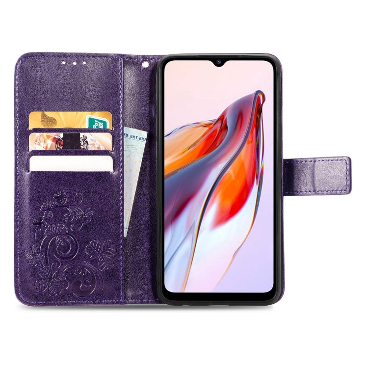 For Xiaomi Redmi 12C Four-leaf Clasp Embossed Buckle Leather Phone Case