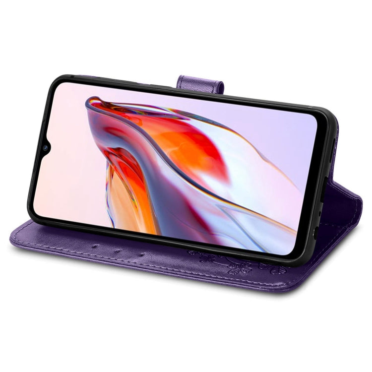 For Xiaomi Redmi 12C Four-leaf Clasp Embossed Buckle Leather Phone Case