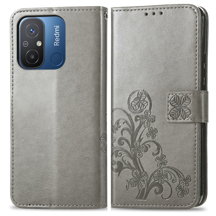 For Xiaomi Redmi 12C Four-leaf Clasp Embossed Buckle Leather Phone Case