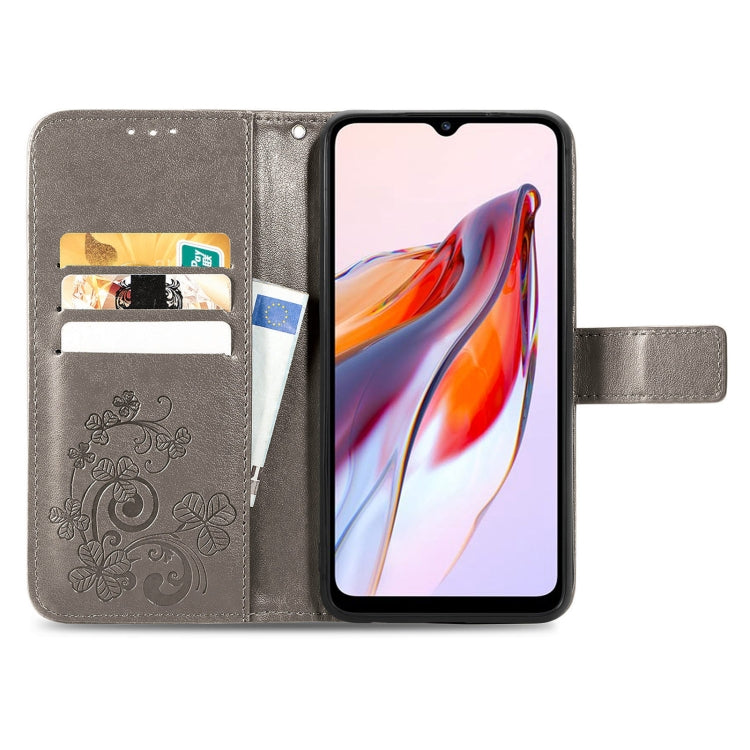 For Xiaomi Redmi 12C Four-leaf Clasp Embossed Buckle Leather Phone Case