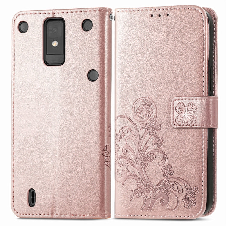 For ZTE Blade A32 Four-leaf Clasp Embossed Buckle Leather Phone Case