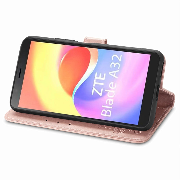 For ZTE Blade A32 Four-leaf Clasp Embossed Buckle Leather Phone Case