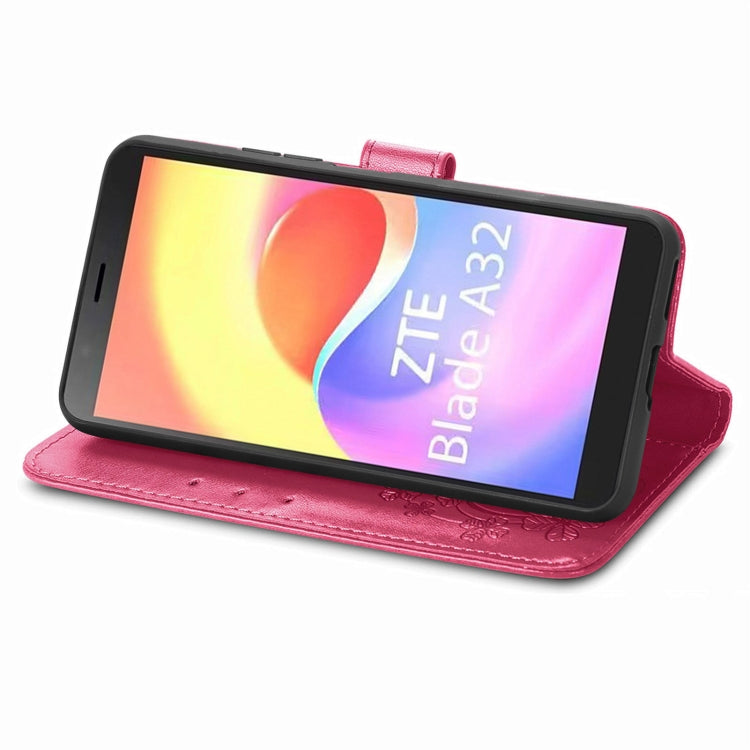 For ZTE Blade A32 Four-leaf Clasp Embossed Buckle Leather Phone Case