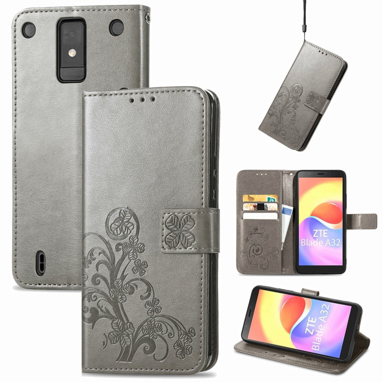 For ZTE Blade A32 Four-leaf Clasp Embossed Buckle Leather Phone Case