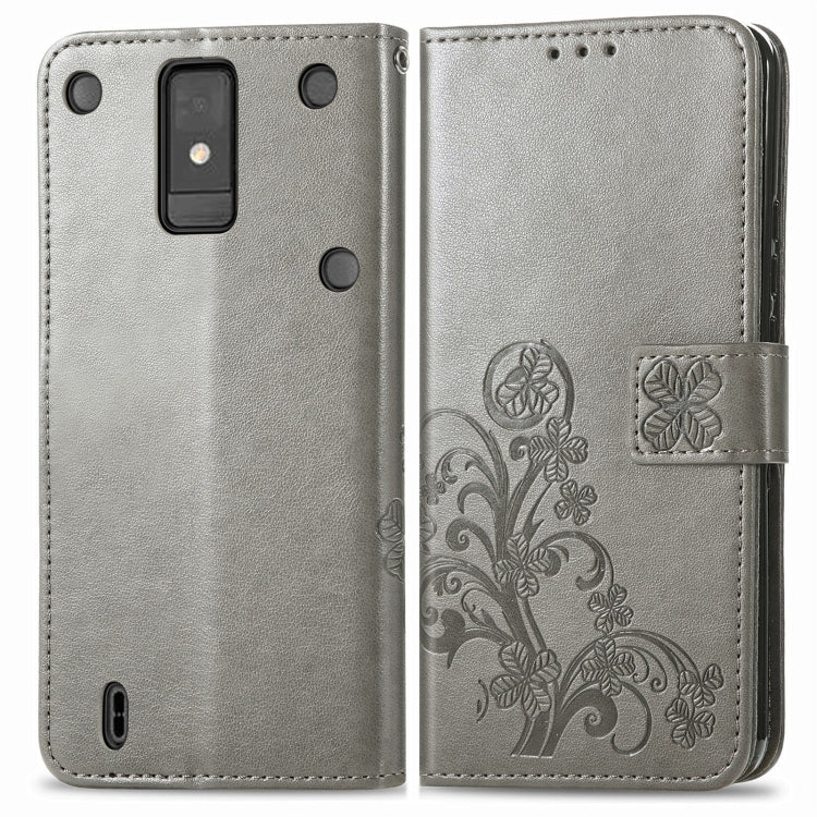 For ZTE Blade A32 Four-leaf Clasp Embossed Buckle Leather Phone Case