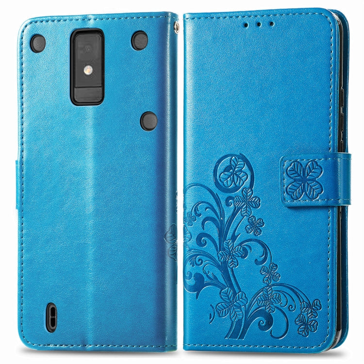 For ZTE Blade A32 Four-leaf Clasp Embossed Buckle Leather Phone Case