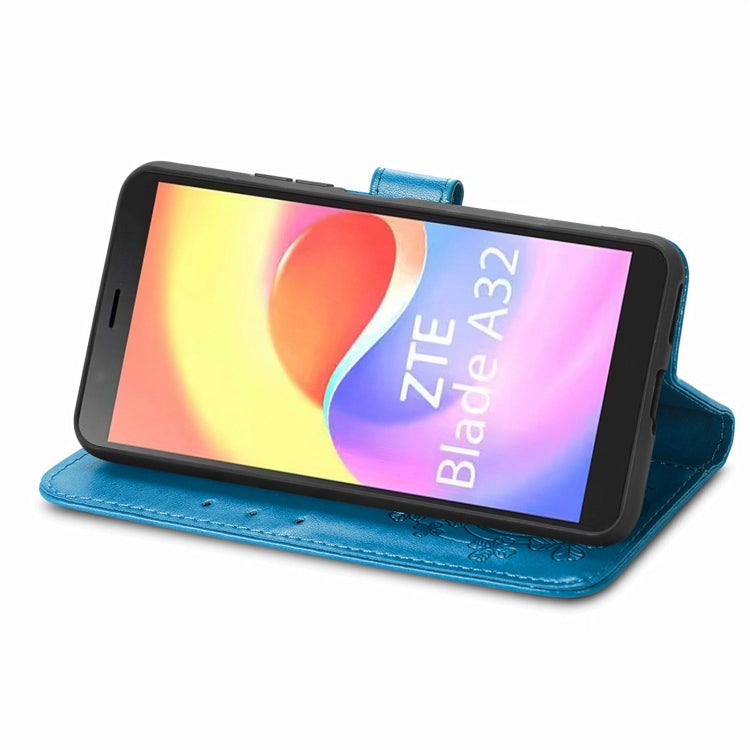 For ZTE Blade A32 Four-leaf Clasp Embossed Buckle Leather Phone Case