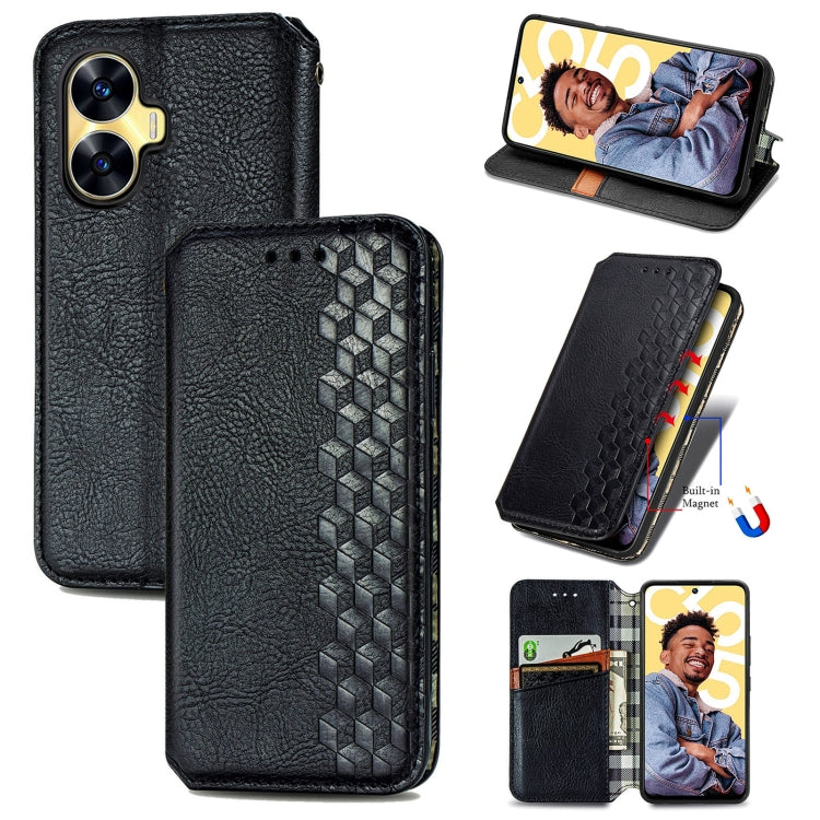 For Realme C55 Cubic Grid Pressed Magnetic Leather Phone Case