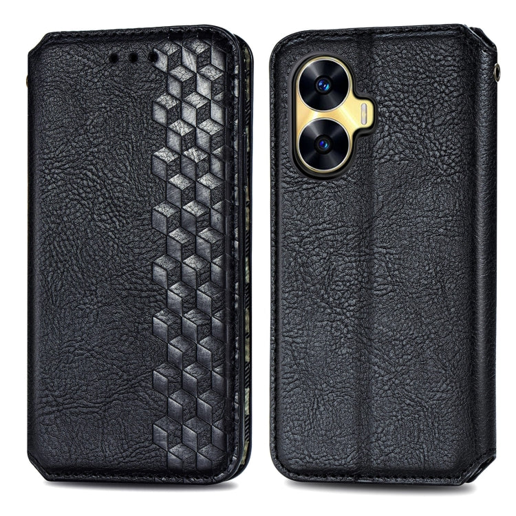 For Realme C55 Cubic Grid Pressed Magnetic Leather Phone Case