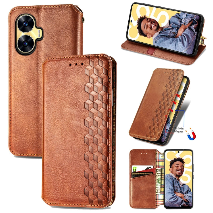 For Realme C55 Cubic Grid Pressed Magnetic Leather Phone Case