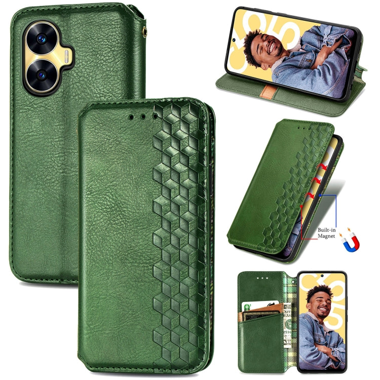For Realme C55 Cubic Grid Pressed Magnetic Leather Phone Case