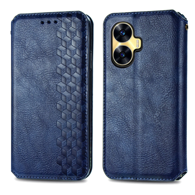 For Realme C55 Cubic Grid Pressed Magnetic Leather Phone Case