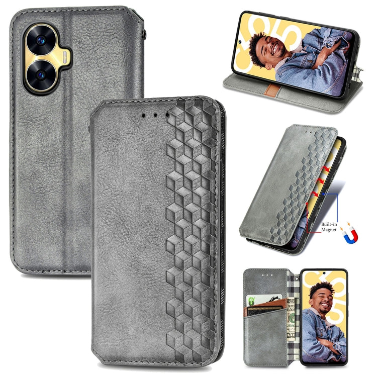 For Realme C55 Cubic Grid Pressed Magnetic Leather Phone Case