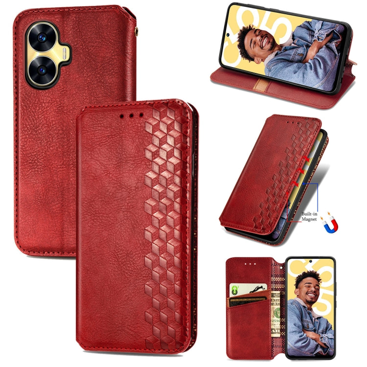 For Realme C55 Cubic Grid Pressed Magnetic Leather Phone Case