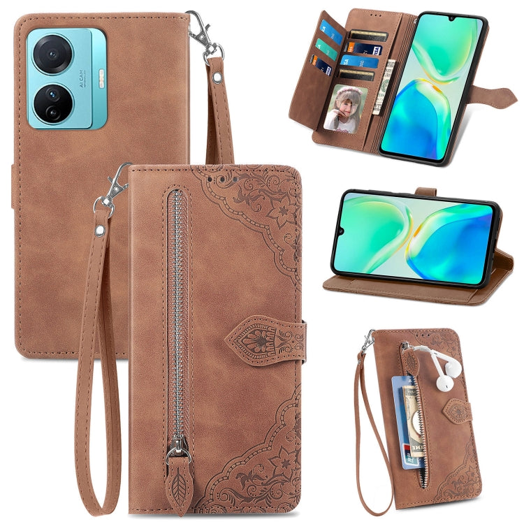 For vivo S15e Embossed Flower Zipper Leather Phone Case