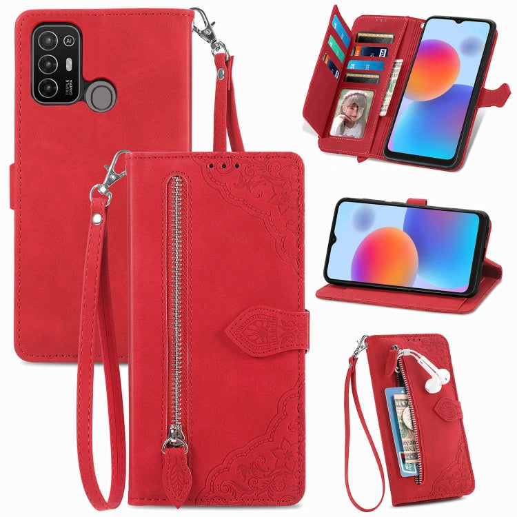 For ZTE Blade A52 Embossed Flower Zipper Leather Phone Case