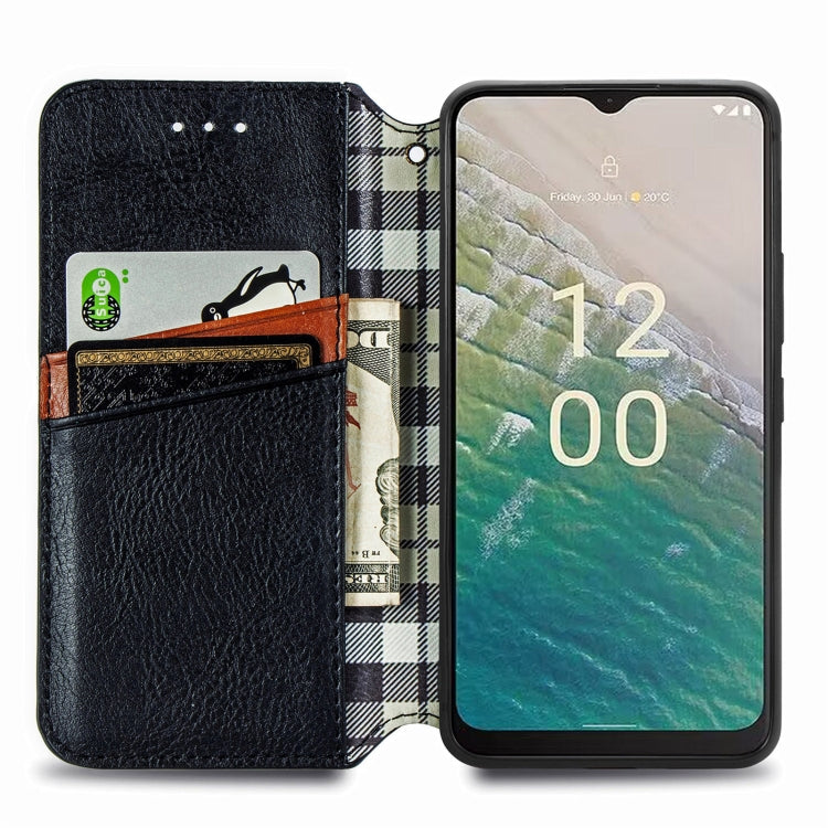 For Nokia C32 Cubic Grid Pressed Magnetic Leather Phone Case